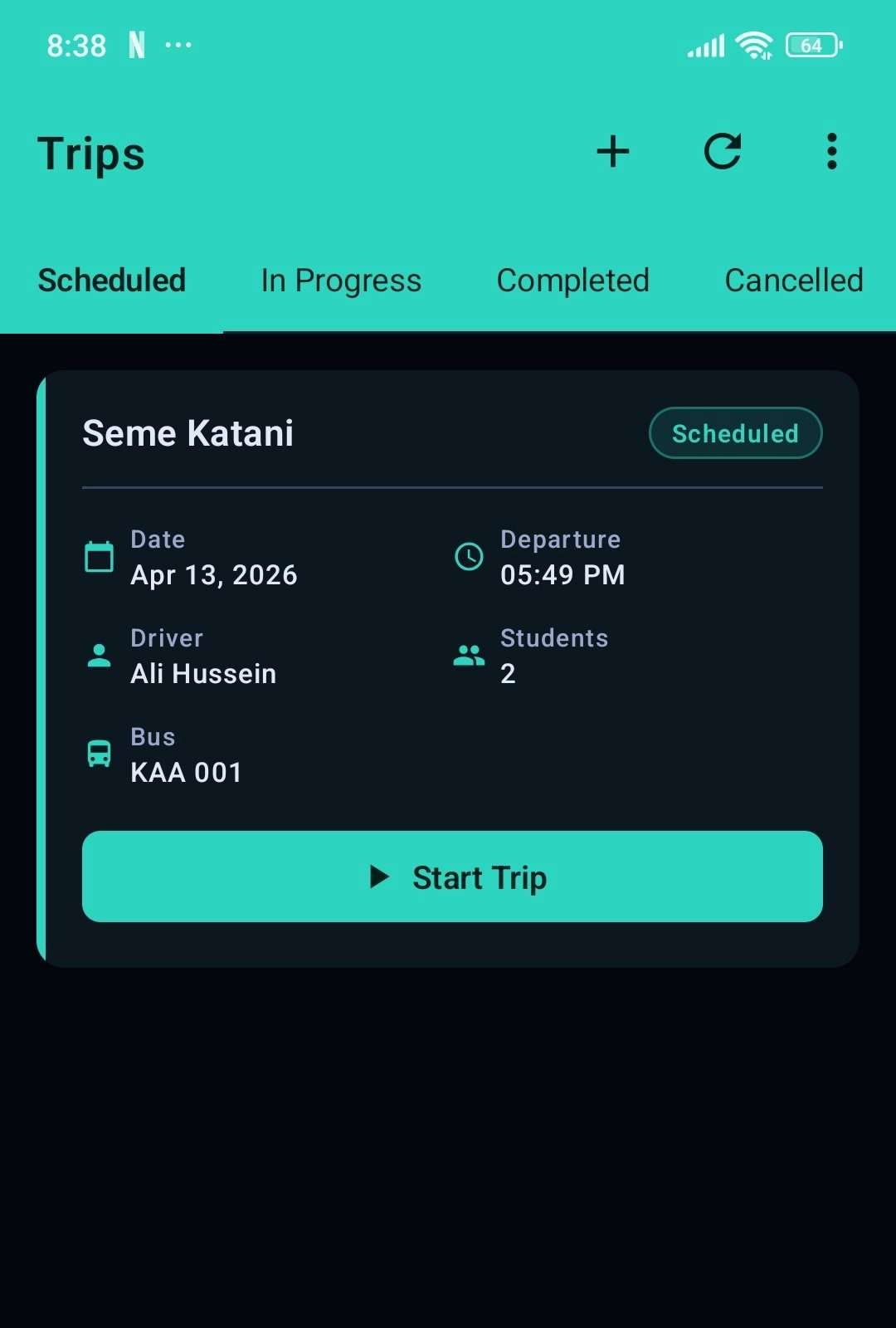 Driver app showing scheduled trips