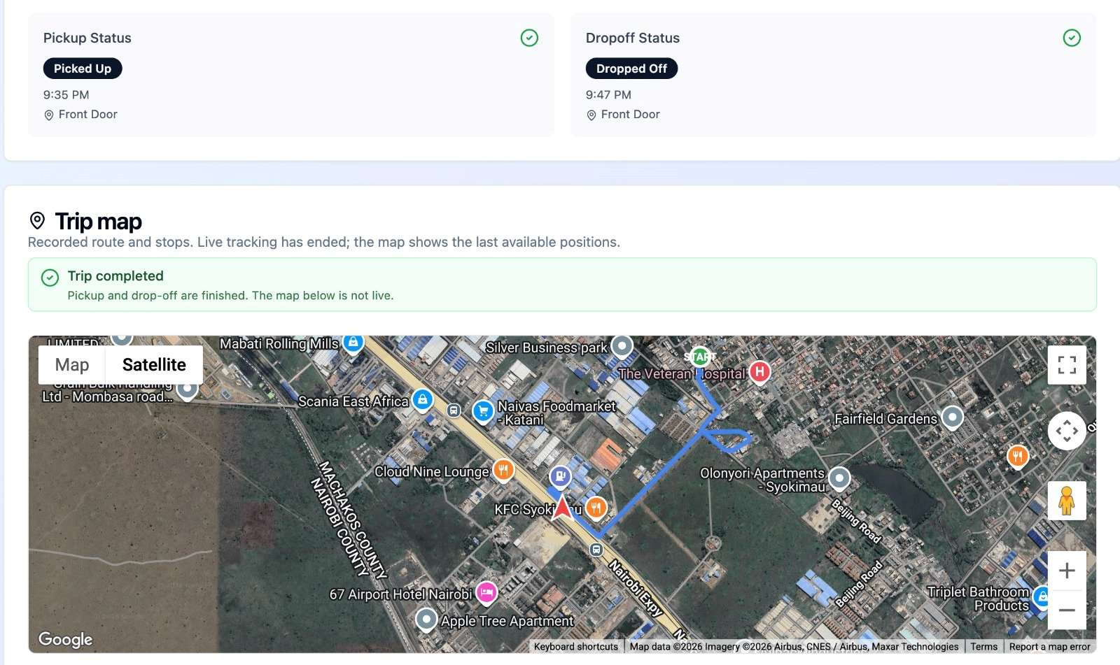 Parent tracking page with live map showing bus route